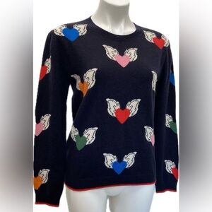 CHINTI AND PARKER CASHMERE CREW LONG SLEEVE FLYING HEARTS RAINBOW SWEATER